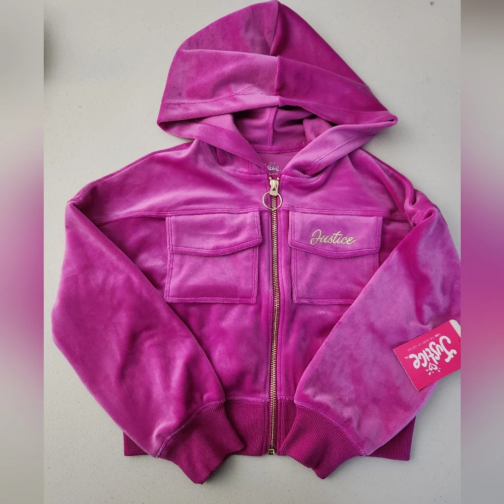 Justice Fuchsia Velvet Zip-Up Girl's Hoodie, XS(5/6), NWT